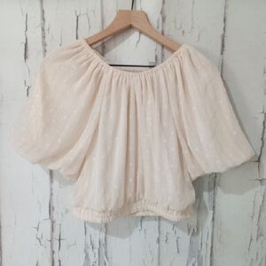 By The River Cream Swiss Dot Off Shoulder Metallic Puff Sleeve Crop Top Size L